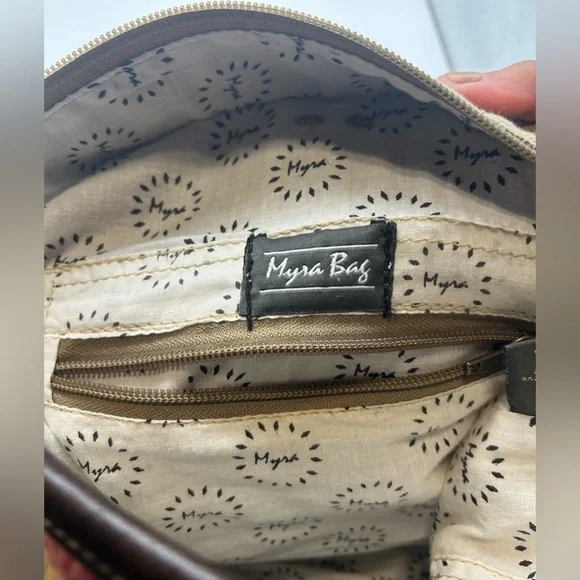 Myra Bag Yellow Western Shoulder Bag Gray Hairon Cowhide Canvas & Leather EUC - Picture 8 of 11